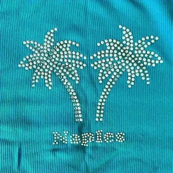 Blue 100% Cotton Tank Top with Palm Tree Rhinestone Design Naples - Size S - Picture 5 of 9